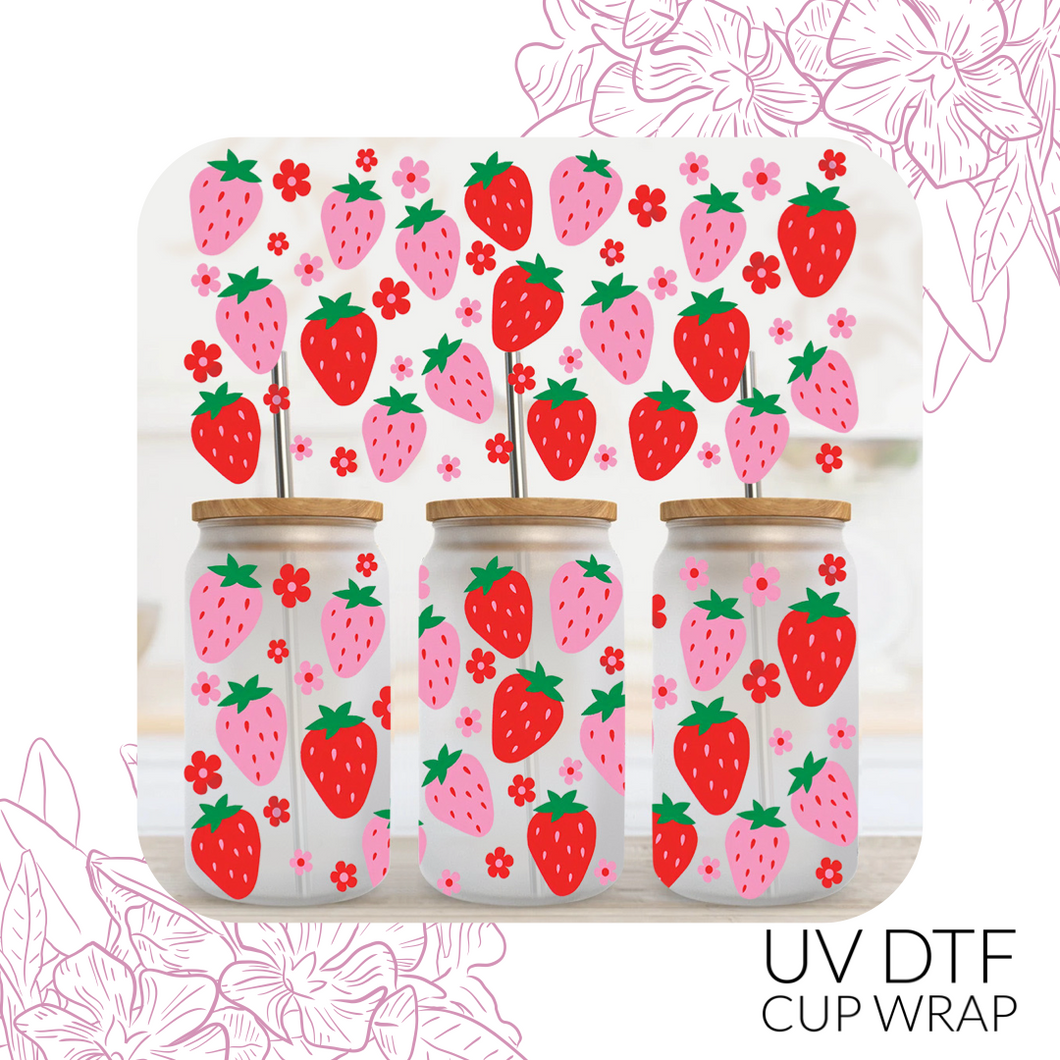 3139 Pink & Red Strawberries UV DTF Wrap